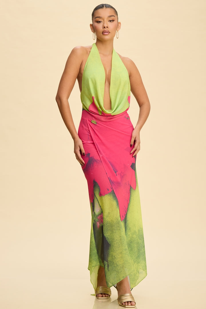 Tropical hibiscus floral print deep cowl halter open back maxi dress - front full length view
