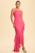 Hot pink cowl neck spaghetti strap ruffle asymmetric hi-lo maxi dress - front view