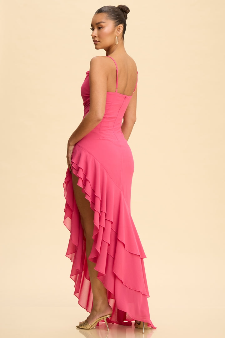 Hot pink cowl neck spaghetti strap ruffle asymmetric hi-lo maxi dress - back ruffle detail