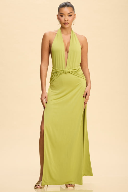 Olive green deep plunge halter twist-knot ruched waist high-slit maxi dress - front view