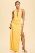 Sunshine yellow deep plunge halter twist-knot ruched waist high-slit maxi dress - back open view
