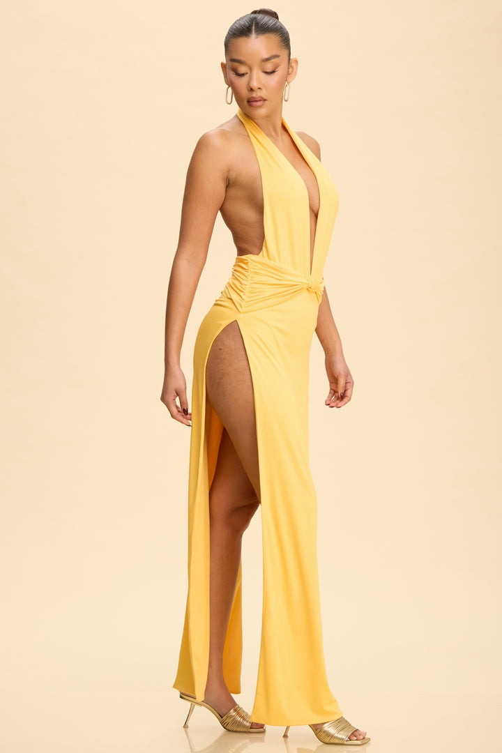 Sunshine yellow deep plunge halter twist-knot ruched waist high-slit maxi dress - front view