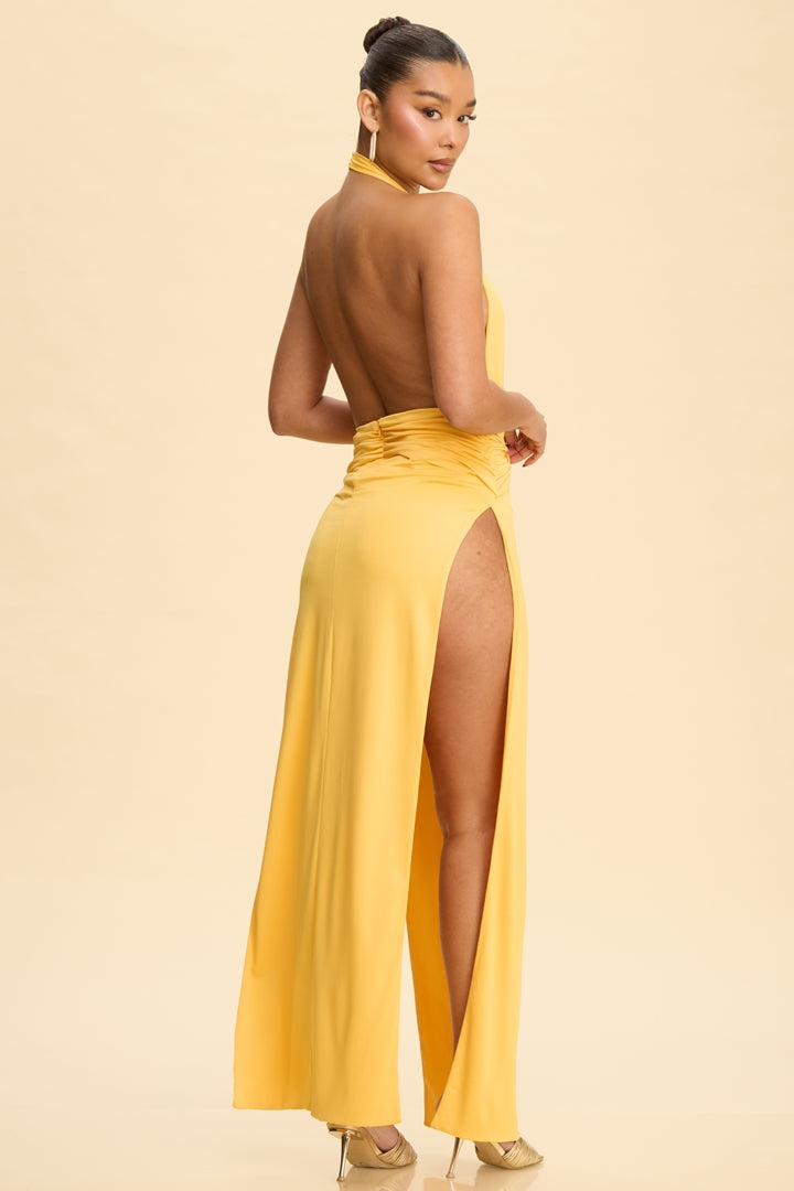 Sunshine yellow deep plunge halter twist-knot ruched waist high-slit maxi dress - side view showing slit