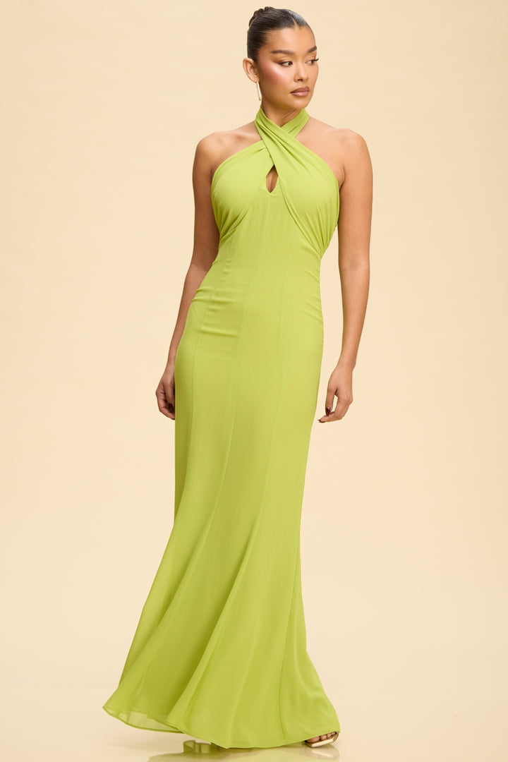 Mocha cross-wrap halter neck open back mermaid maxi dress - front full length view