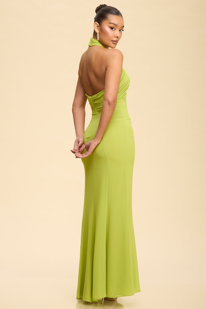 Lime green cross-wrap halter neck open back mermaid maxi dress - front full length view