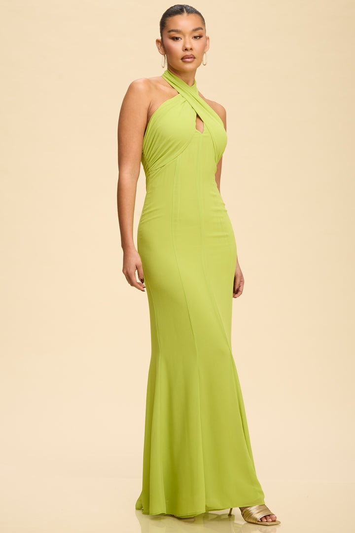 Lime green cross-wrap halter neck open back mermaid maxi dress - front three quarter view