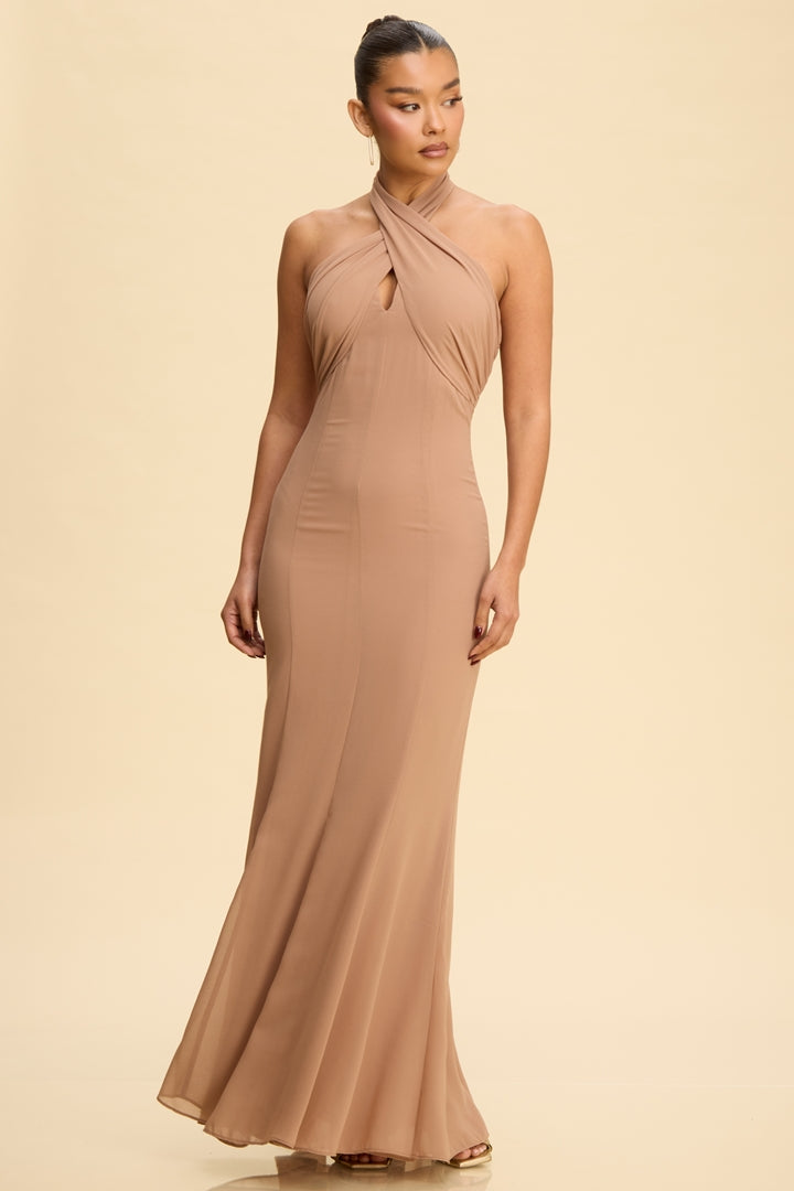 Lime green cross-wrap halter neck open back mermaid maxi dress - side three quarter view