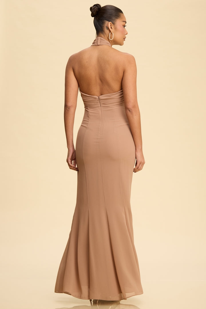 Mocha cross-wrap halter neck open back mermaid maxi dress - front three quarter view