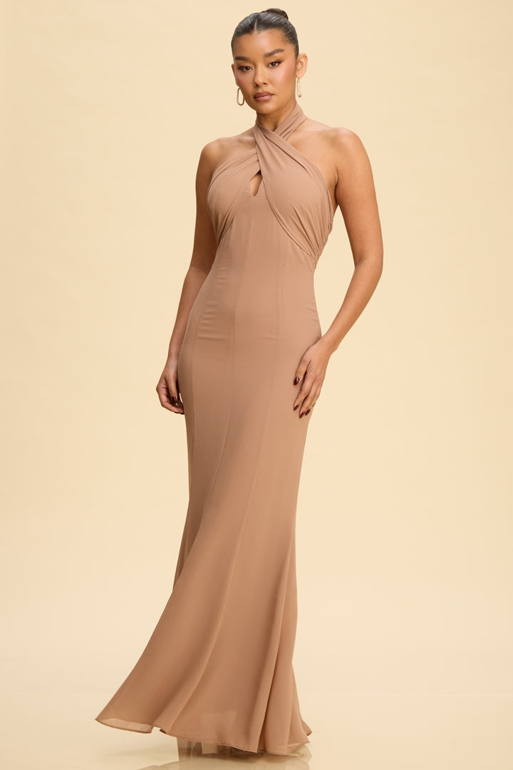 Mocha cross-wrap halter neck open back mermaid maxi dress - back open detail view