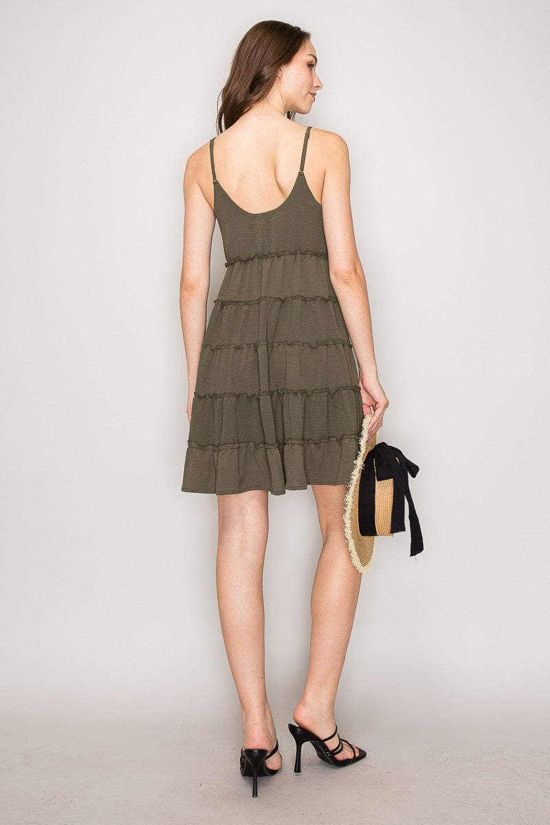 Olive spaghetti strap V-neck sweetheart tiered ruffle babydoll mini dress - back open view