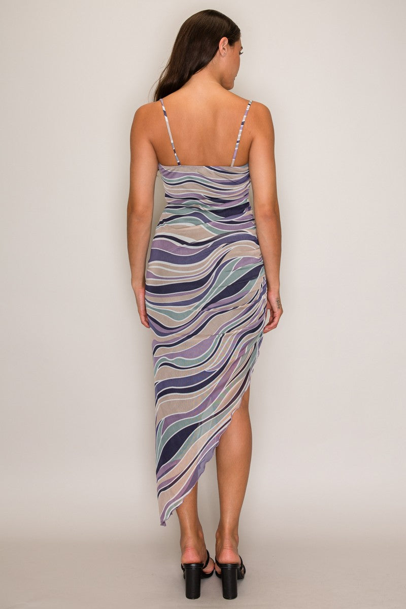 Abstract Wave-Print Spaghetti-Strap Cowl-Neck Side-Ruched Asymmetric-Hem Midi Dress