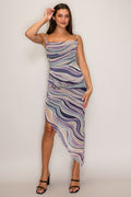 Abstract Wave-Print Spaghetti-Strap Cowl-Neck Side-Ruched Asymmetric-Hem Midi Dress