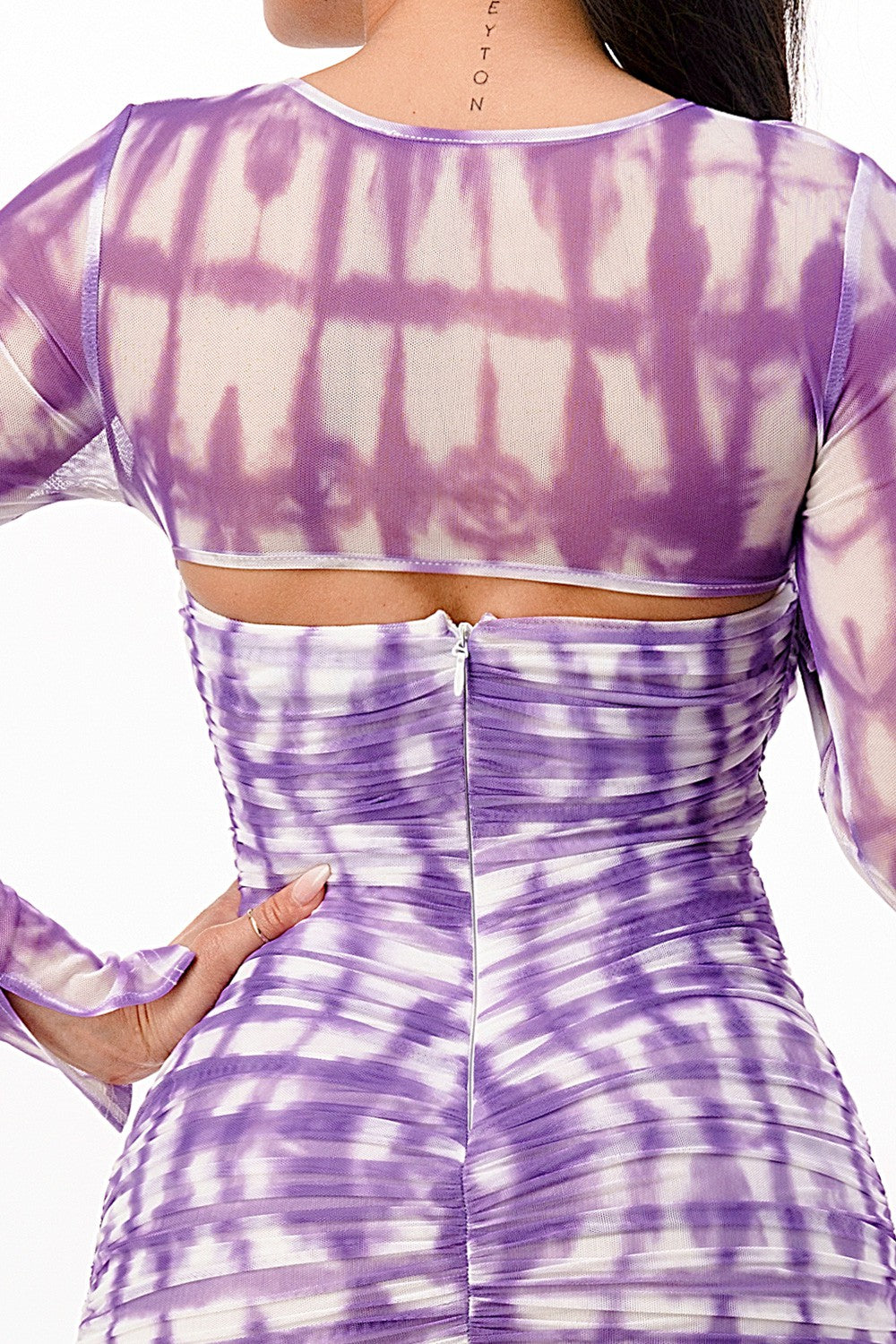Purple tie-dye mesh long-sleeve sweetheart-cutout fully-ruched bodycon mini dress - back close-up showing sheer mesh yoke and centre-back zip