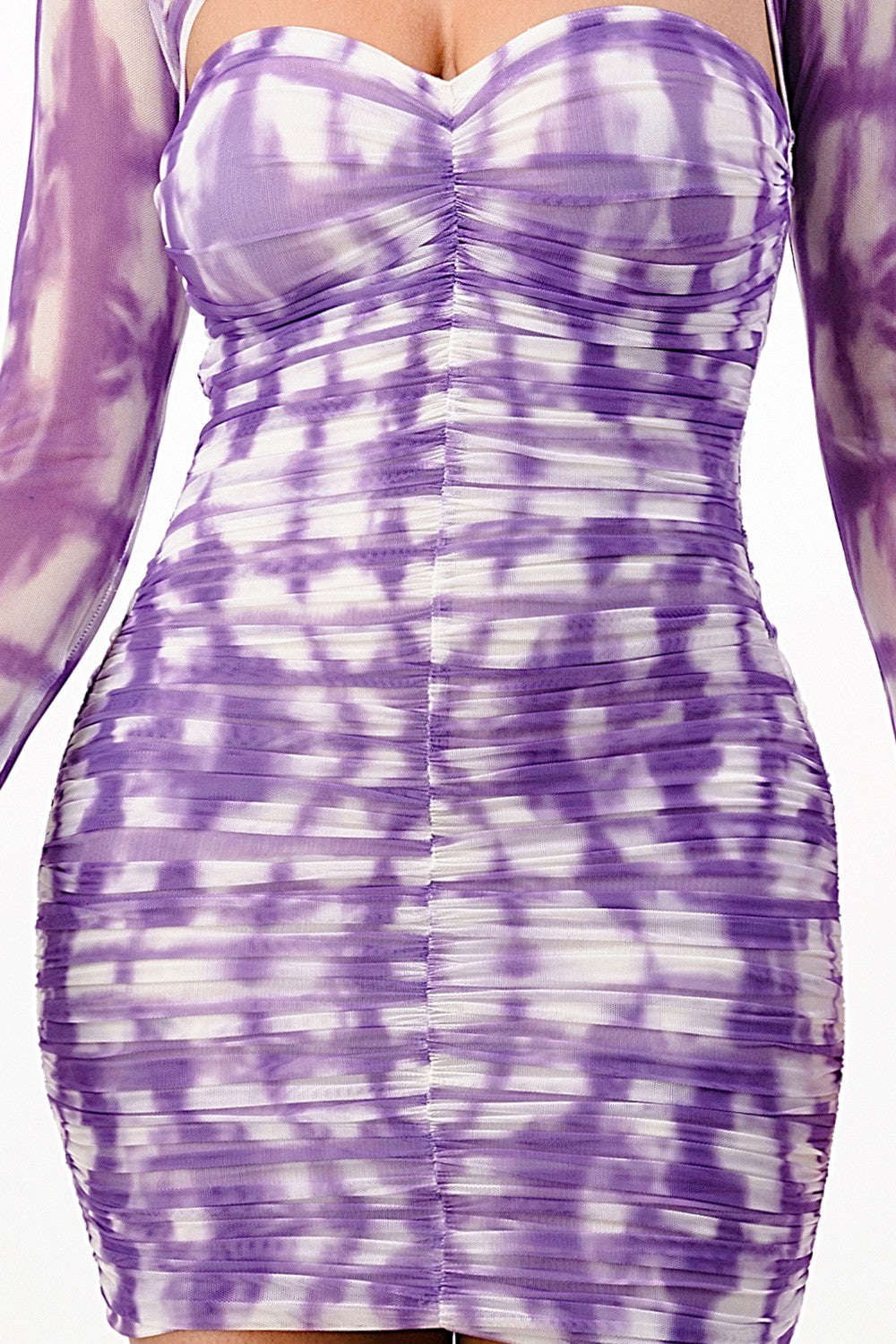 Purple tie-dye mesh long-sleeve sweetheart-cutout fully-ruched bodycon mini dress - close-up of ruched skirt and bodycon silhouette