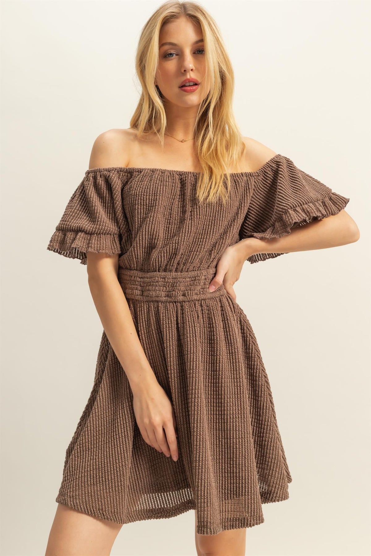 Red textured off-shoulder ruffle-sleeve smocked-waist fit-and-flare mini dress - back view showing ruffle sleeves, smocked waist, and full skirt