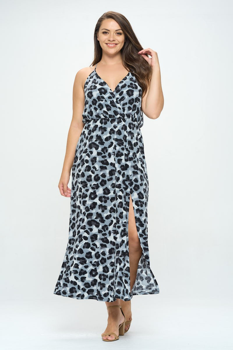 Leopard print wrap V-neck side slit maxi dress - front full length view