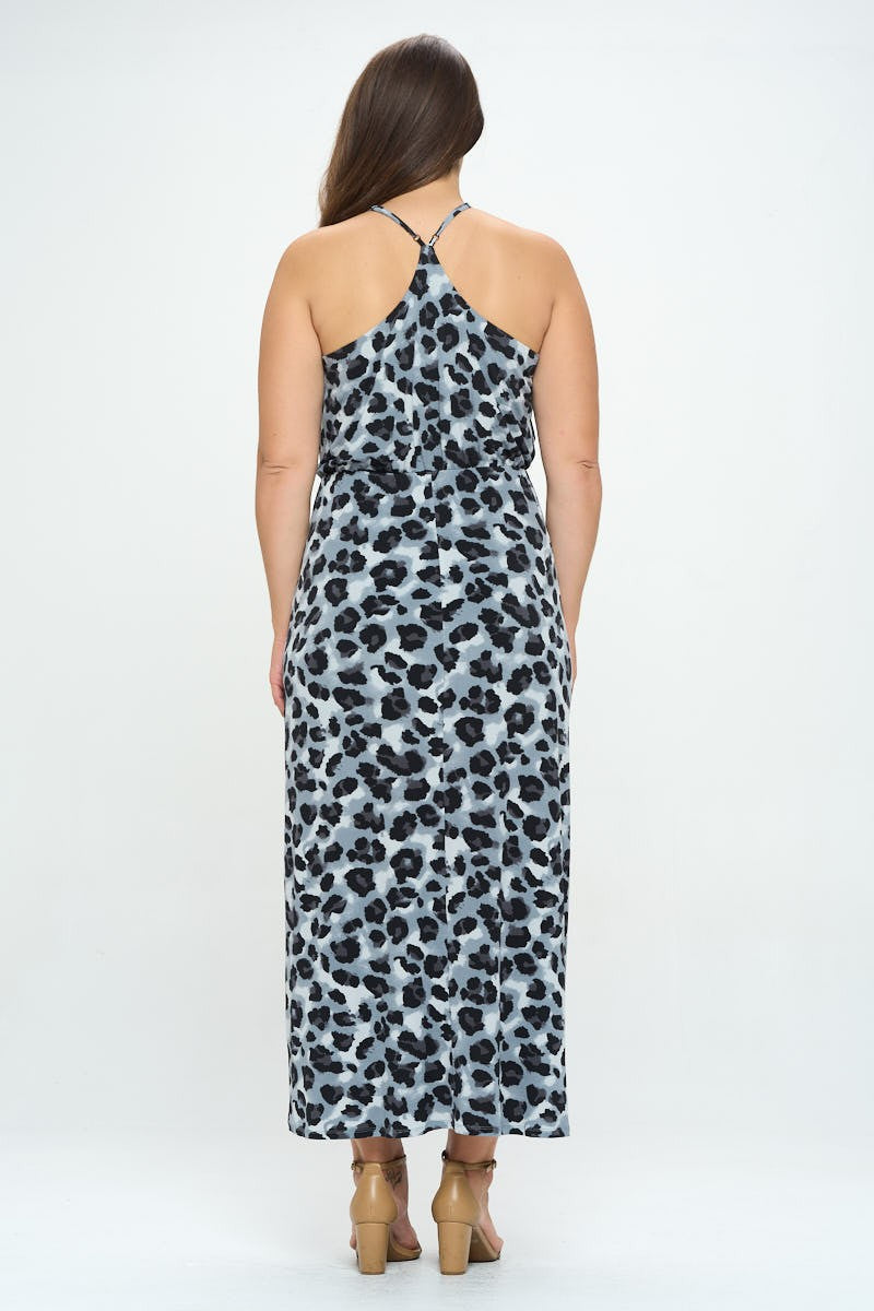 Leopard print wrap V-neck side slit maxi dress - back criss-cross strap detail
