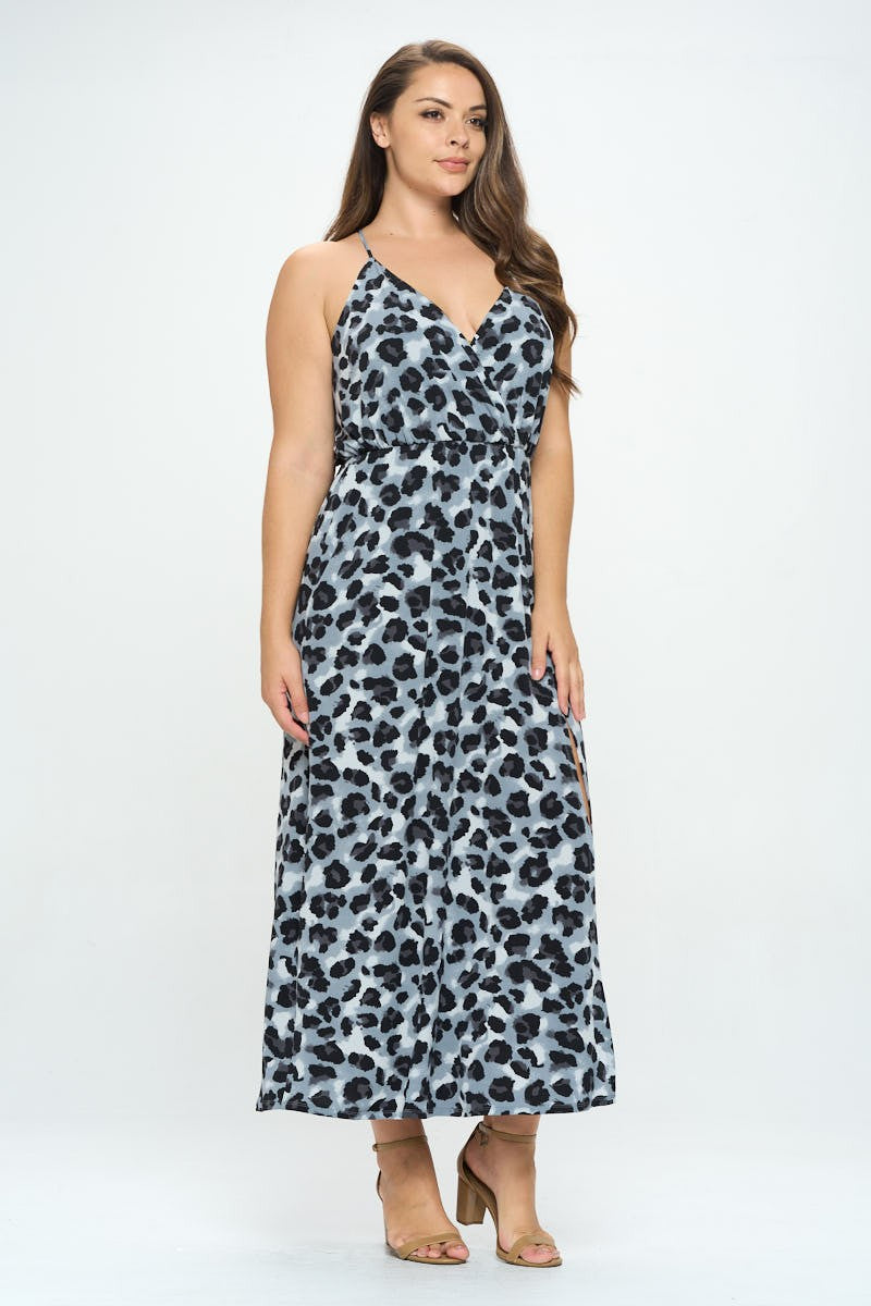 Leopard print wrap V-neck side slit maxi dress - front smiling view