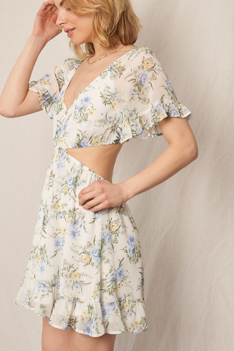 Cream botanical floral deep-V flutter-sleeve side-cutout ruffle-hem mini dress - side view showing side cutout detail and ruffle hem
