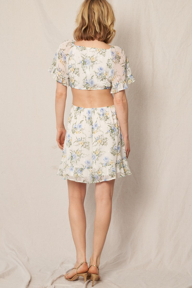 Cream botanical floral deep-V flutter-sleeve side-cutout ruffle-hem mini dress - back view showing open back and ruffle hem