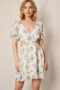 Cream botanical floral deep-V flutter-sleeve side-cutout ruffle-hem mini dress - front full view showing deep V neckline and side cutouts