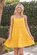 Sunshine yellow ditsy floral spaghetti-strap square-neck tiered babydoll mini dress - front full view showing square neckline and tiered skirt