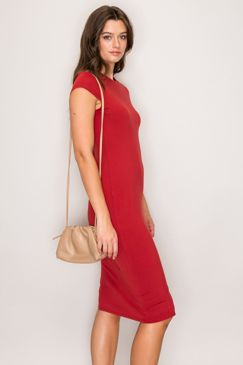 Red cap-sleeve crew-neck bodycon side-slit midi dress - back view showing crew neckline, cap sleeves, and smooth bodycon silhouette from behind