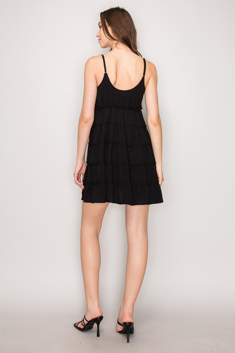 Black spaghetti strap V-neck sweetheart tiered ruffle babydoll mini dress - back open view