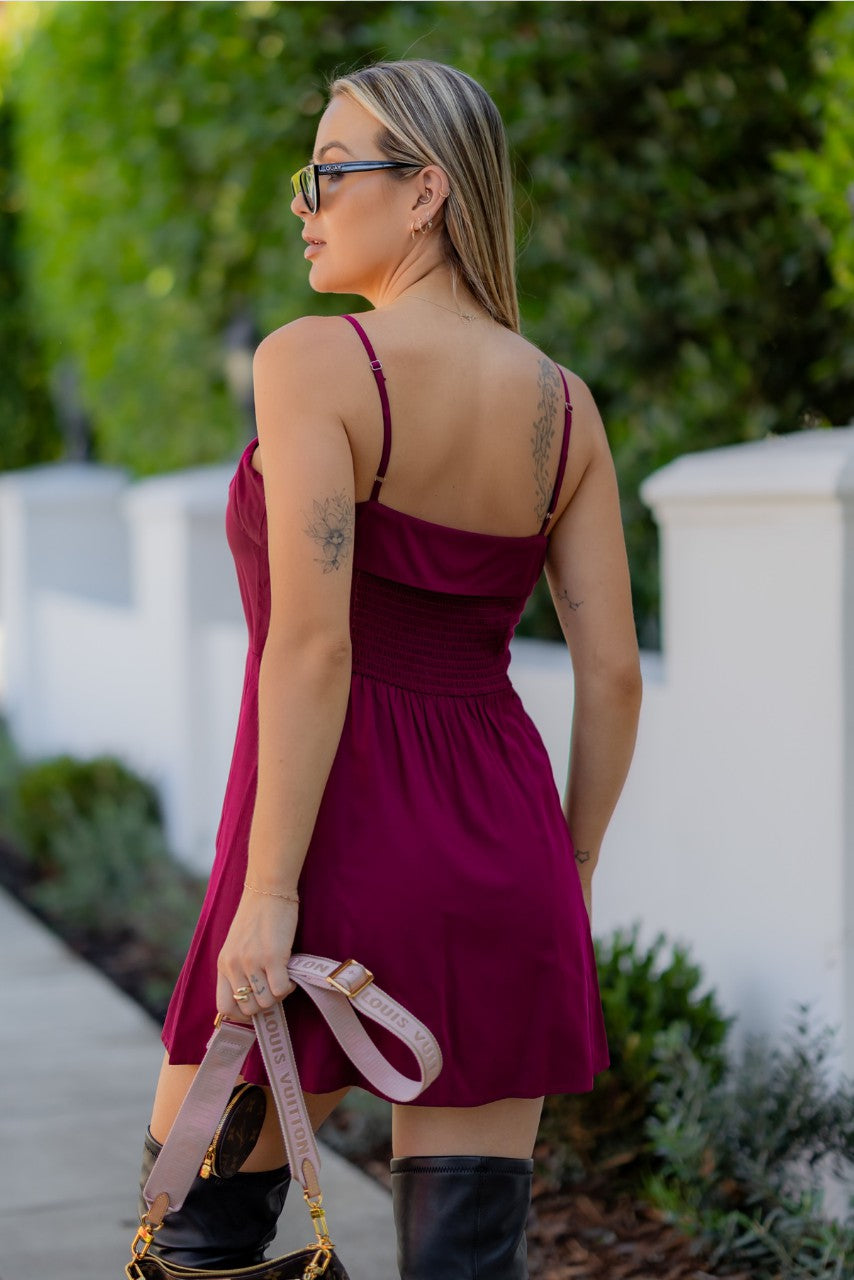 Magenta ruffle collar button front spaghetti strap A-line mini dress - side view