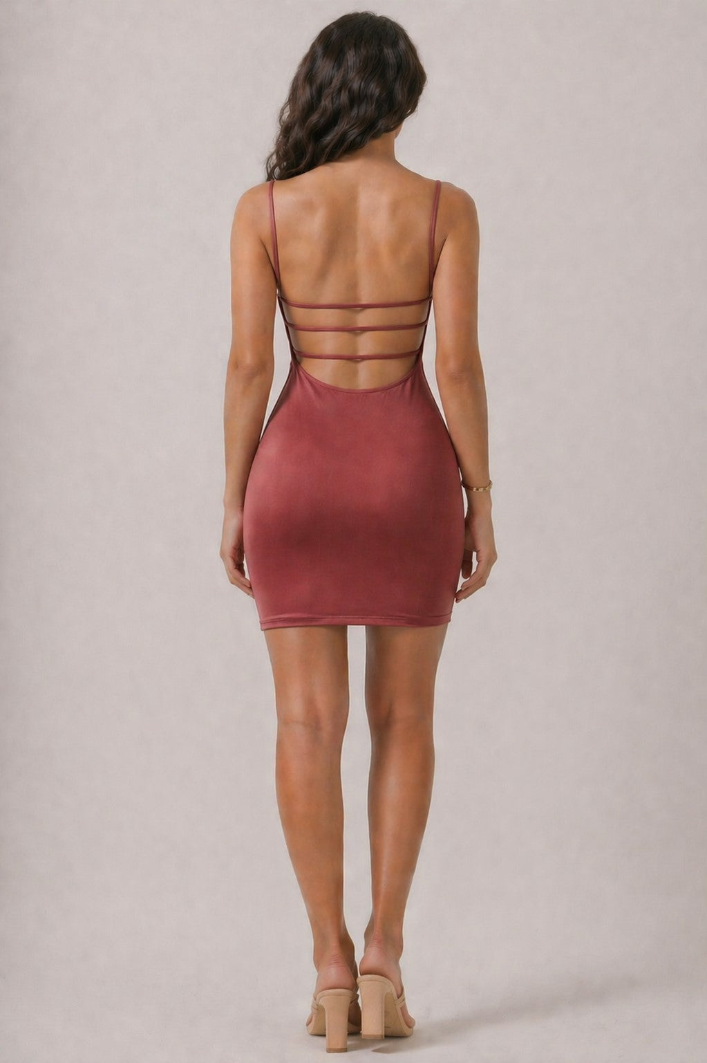 Mauve slinky scoop-neck spaghetti-strap strappy open-back bodycon mini dress - back full view showing dramatic open back with multi-strap horizontal ladder cage construction and spaghetti straps from behind