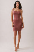 Mauve slinky scoop-neck spaghetti-strap strappy open-back bodycon mini dress - front full view showing clean scoop neckline, spaghetti straps, smooth bodycon silhouette, and mini hem
