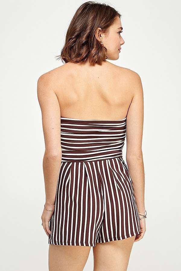 Burgundy multi-stripe strapless tube-bodice side-pocket short romper - back view showing strapless tube back and vertical-stripe shorts
