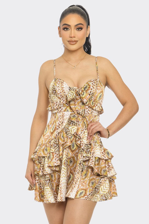 Sage green snake print tie-front ruffle mini dress - bodice tie detail close up