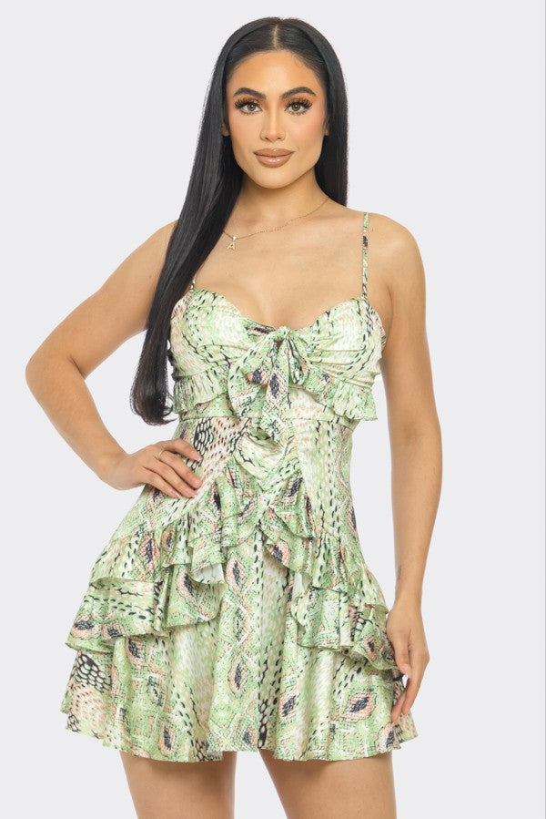Sage green snake print tie-front ruffle mini dress - back view