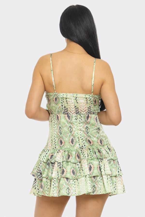 Sage green snake print tie-front ruffle mini dress - front view
