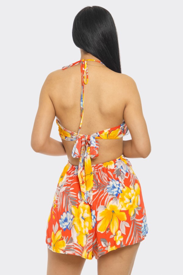 Tropical floral halter deep-V gold ring cutout open back mini dress - back open tie detail