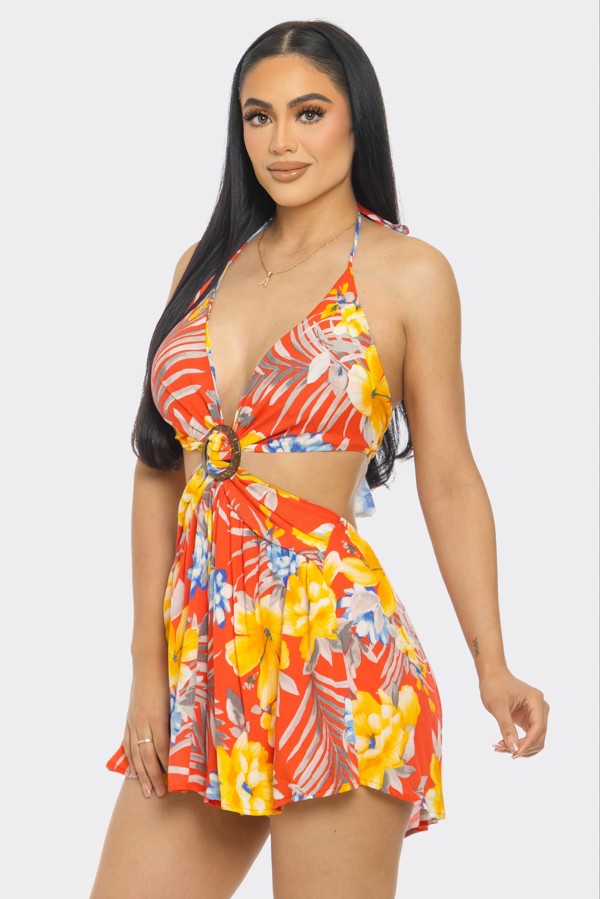 Tropical floral halter deep-V gold ring cutout open back mini dress - front three quarter view