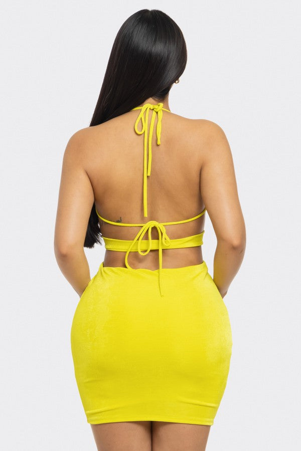 Neon yellow deep V halter ring cutout bodycon mini dress - back tie detail view
