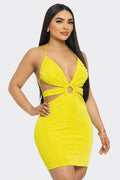 Neon yellow deep V halter ring cutout bodycon mini dress - front three quarter view