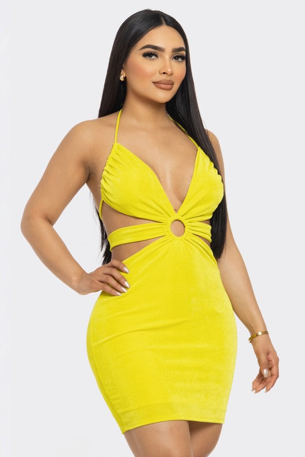 Neon yellow deep V halter ring cutout bodycon mini dress - front three quarter view