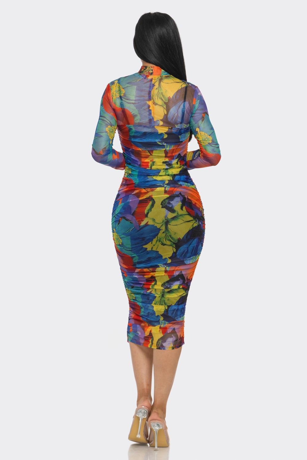 Abstract painterly print mesh mock-neck long-sleeve allover-ruched bodycon midi dress - front full view in vibrant multi colourway (cobalt blue, yellow, orange-red, teal) showing mock neckline, long sleeves, and ruched bodycon silhouette