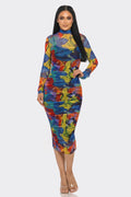 Abstract painterly print mesh mock-neck long-sleeve allover-ruched bodycon midi dress - back full view in pink/green colourway (magenta, forest green, purple) showing mock neckline, long sleeves, continuous ruched back bodycon silhouette, and midi hem