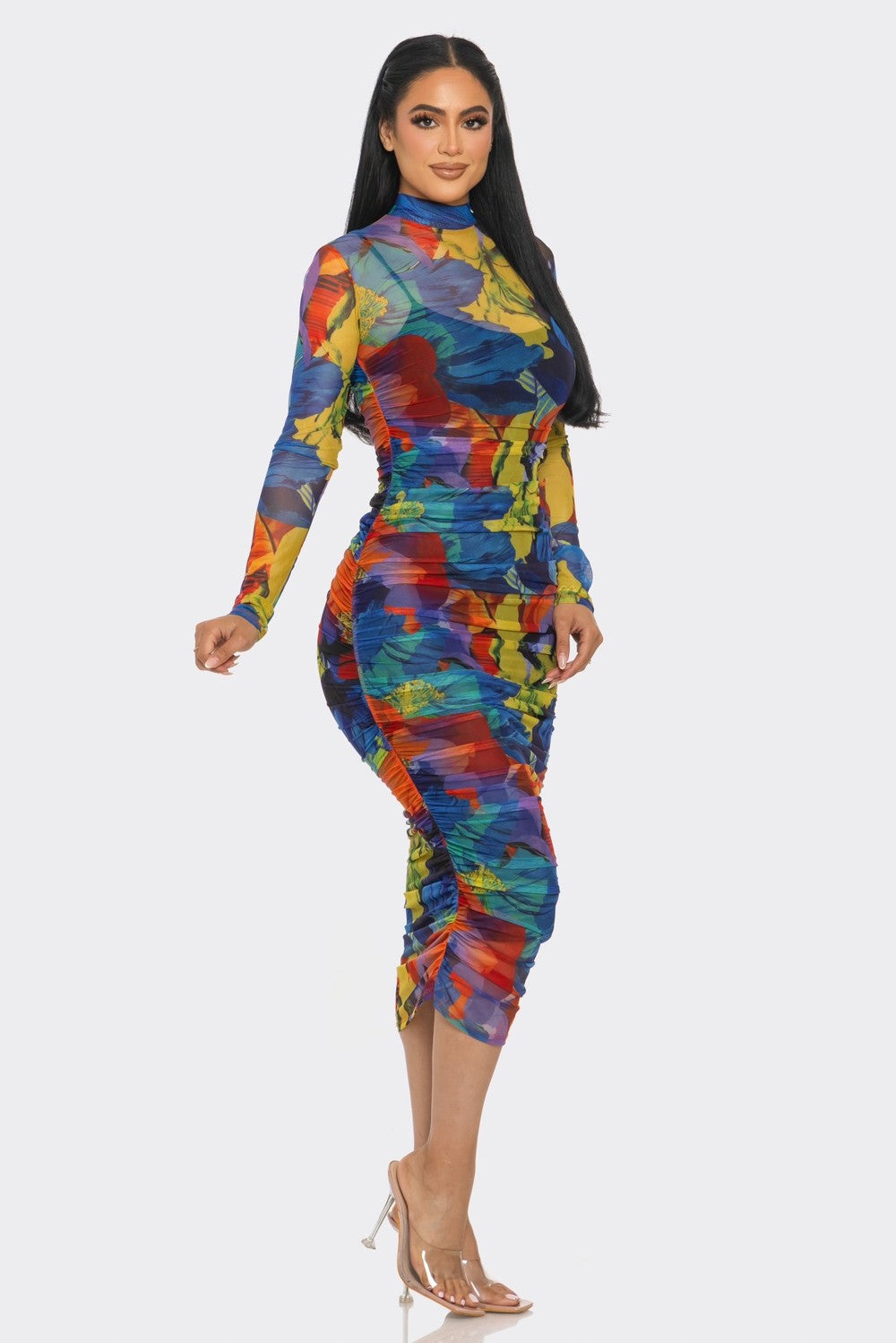 Abstract painterly print mesh mock-neck long-sleeve allover-ruched bodycon midi dress - side three-quarter view in vibrant multi colourway showing mock turtleneck, full-length mesh sleeves, allover ruched bodycon silhouette, and midi length