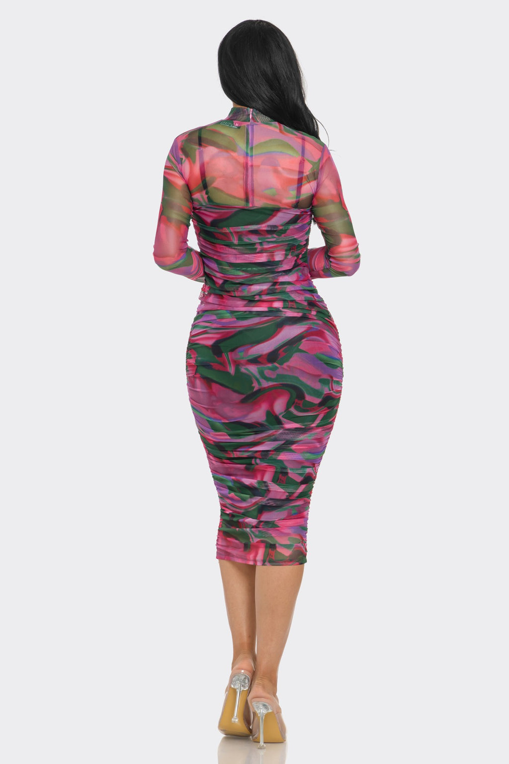 Abstract painterly print mesh mock-neck long-sleeve allover-ruched bodycon midi dress - side three-quarter view in pink/green colourway showing mock turtleneck, printed mesh long sleeves, allover ruched bodycon midi silhouette
