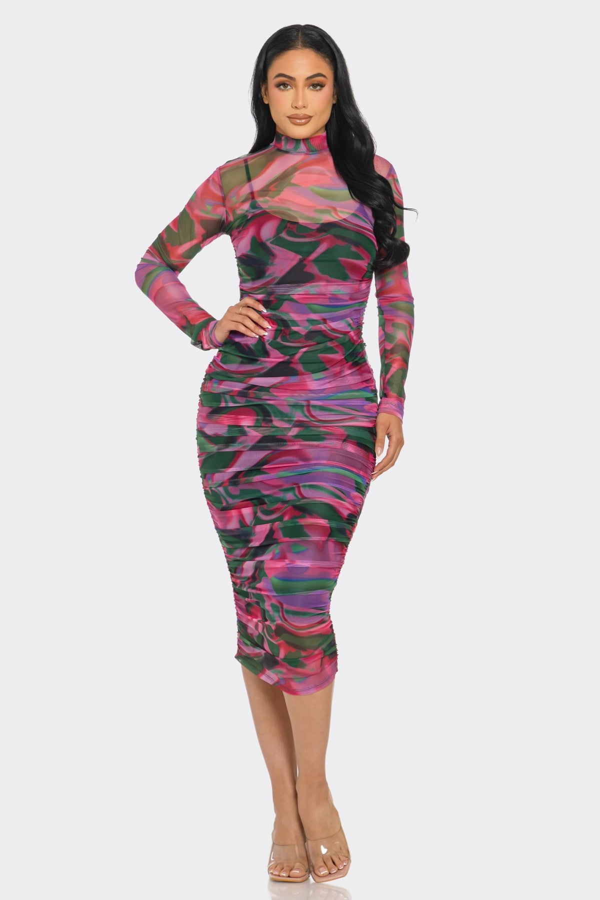 Abstract painterly print mesh mock-neck long-sleeve allover-ruched bodycon midi dress - three-quarter front view in pink/green colourway showing mock neck, long sleeves, continuous ruching from neck to hem, and midi bodycon silhouette