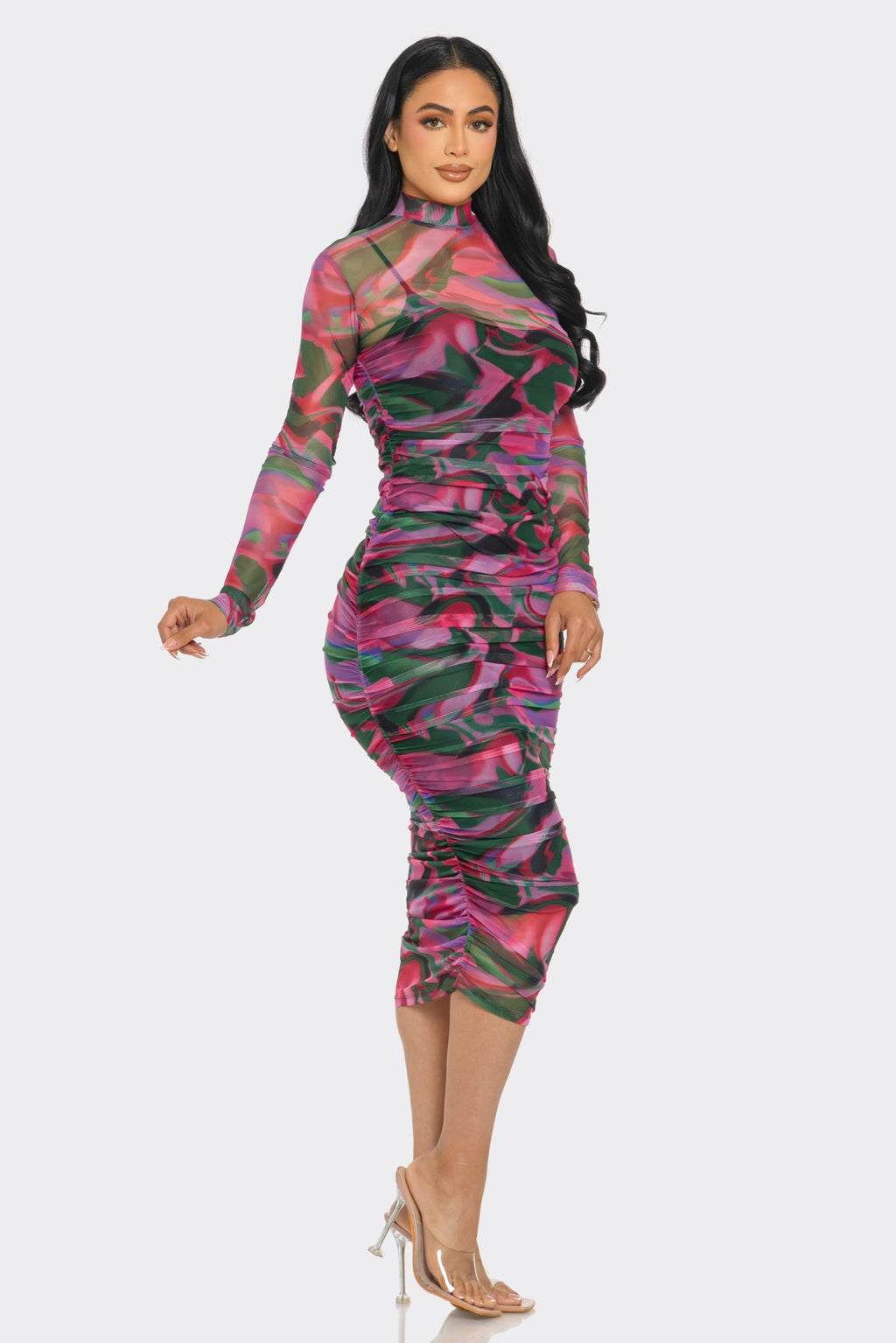 Abstract painterly print mesh mock-neck long-sleeve allover-ruched bodycon midi dress - front full view in pink/green colourway showing mock neckline, long mesh sleeves, dense allover ruching, and bodycon midi silhouette in magenta/forest green