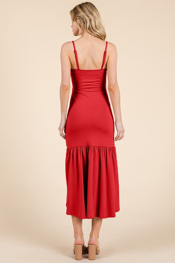 Red square-neck spaghetti-strap side-ruched high-low ruffle-hem midi dress with side slit - front full view showing square neckline, fine straps, smooth bodice, side ruching, high-low ruffle skirt, thigh-high slit, and midi back hem in red
