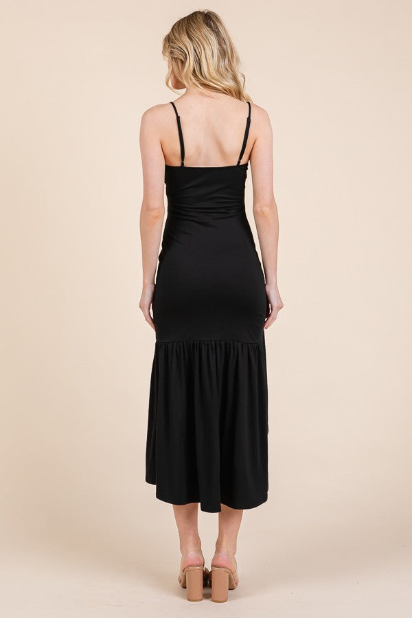 Black square-neck spaghetti-strap side-ruched high-low ruffle-hem midi dress with side slit - front full view showing square neckline, fine straps, smooth bodice, side ruching, high-low ruffle skirt, and thigh-high slit in black