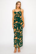 Hunter green tropical leaf print spaghetti strap side slit maxi dress - front view