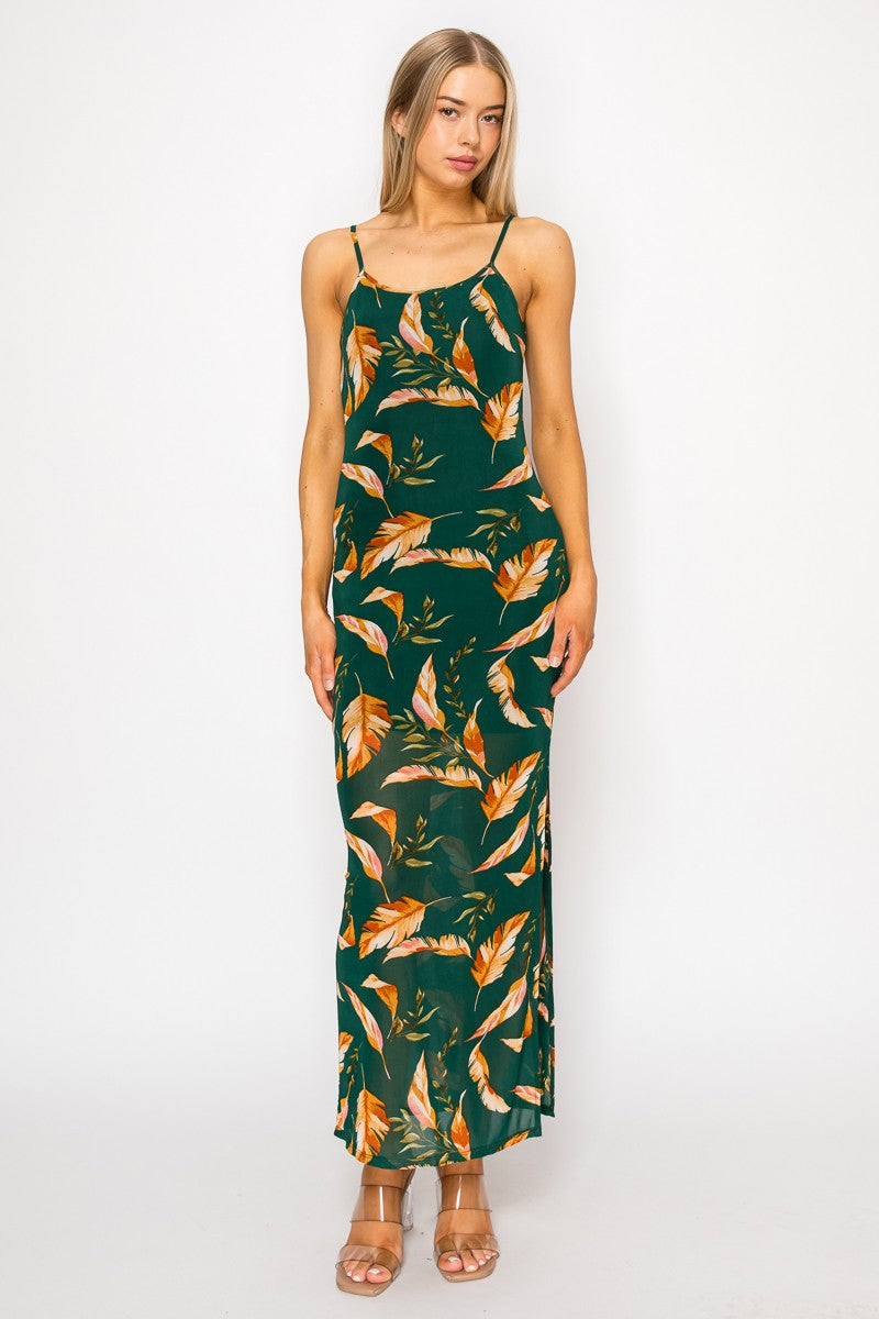 Hunter green tropical leaf print spaghetti strap side slit maxi dress - front view